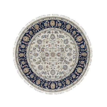 5'X5' Ivory Nain With Flower Design Wool And Silk Hand Knotted Round Rug