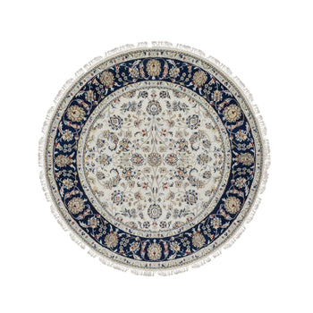 5'X5' Ivory Nain With Flower Design Wool And Silk Hand Knotted Round Rug