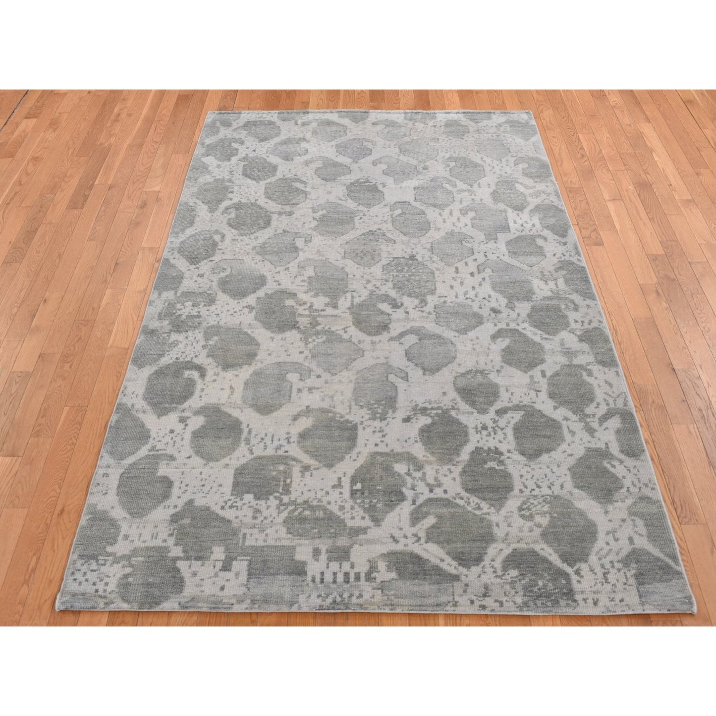 5'10"X9' Gray Oushak Repetitive Botteh Design Pure Wool Hand Knotted Rug