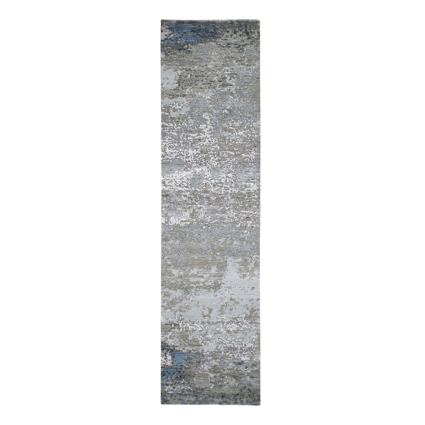 2'6"X10'6" Abstract Design Wool&Silk Hi-Low Pile Hand Knotted Runner Rug