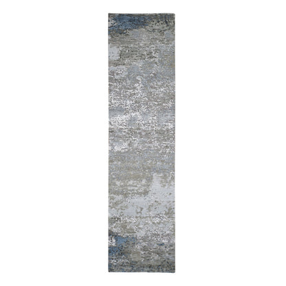2'6"X10'6" Abstract Design Wool&Silk Hi-Low Pile Hand Knotted Runner Rug