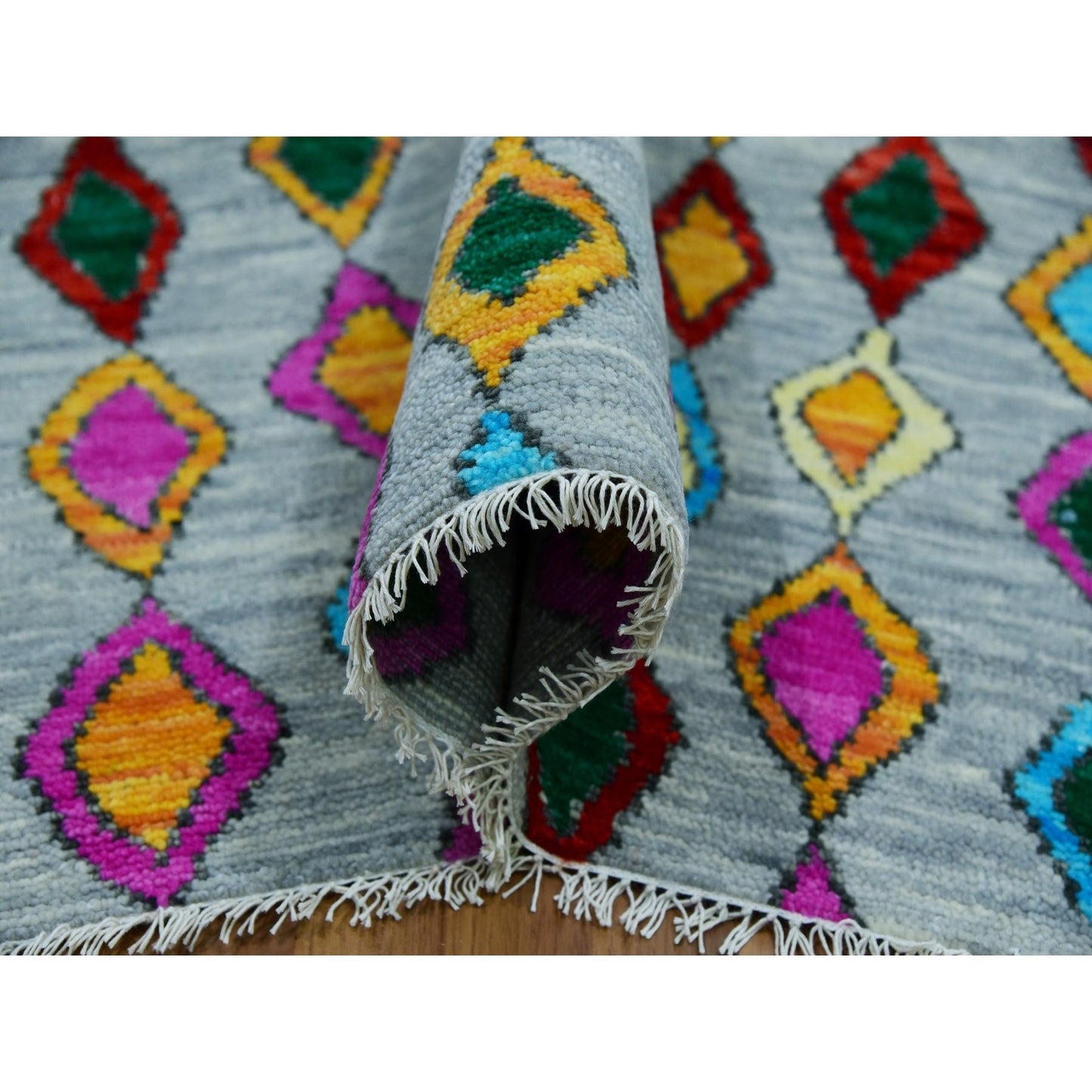 10'2"X14' Gray Colorful Moroccan Inspired Design Hand Knotted Wool Rug