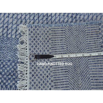 2'6"X10' Blue Hand Knotted Modern Grass Design Wool And Silk Runner Rug