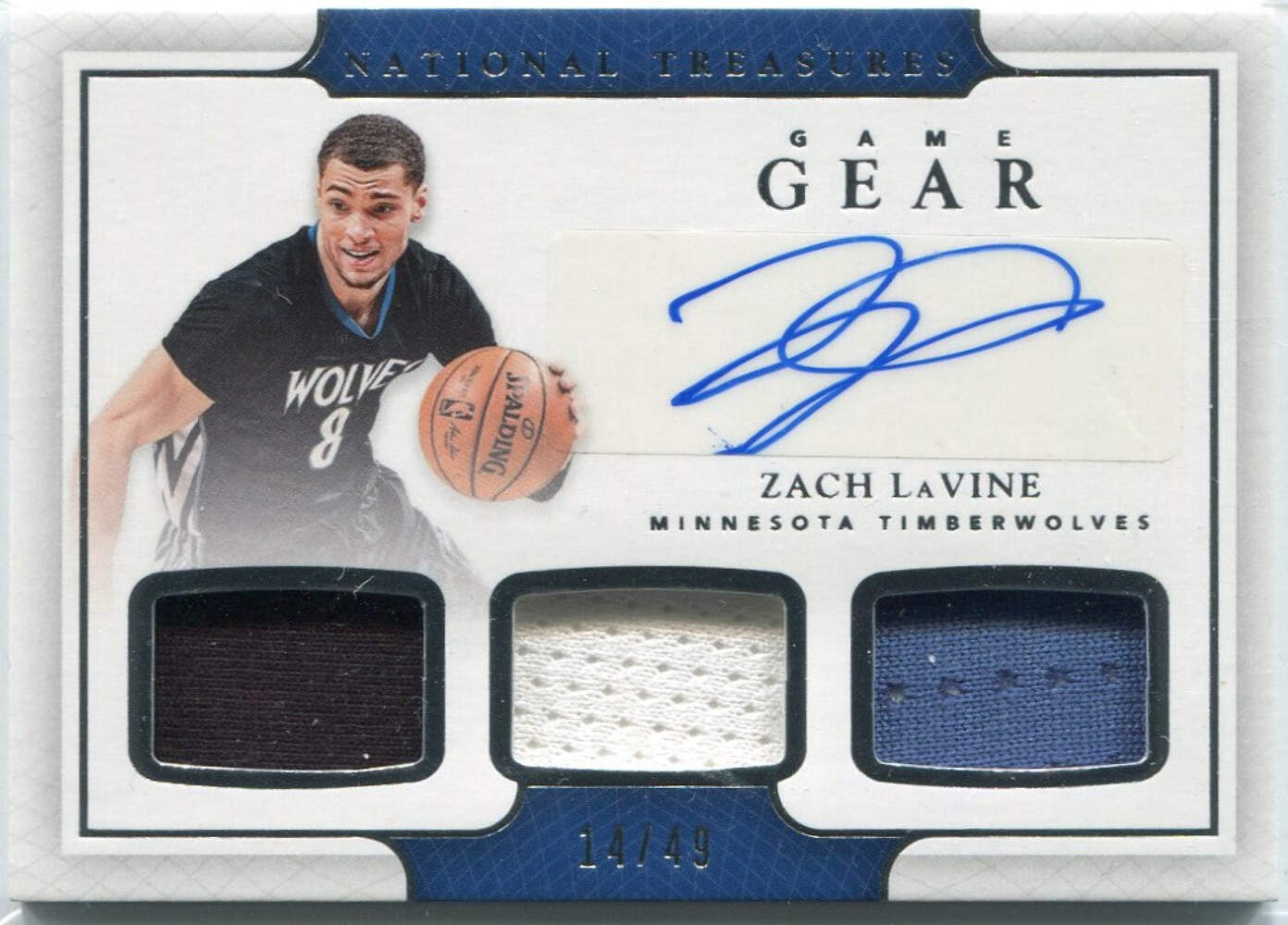 Zach Lavine Autographed 2016 - 2017 Panini National Treasures Triple Jersey 14/4