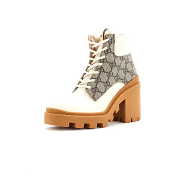 Gucci Women'S Lace Up Heeled Ankle Boots Gg Coated Canvas With Quilted Leather