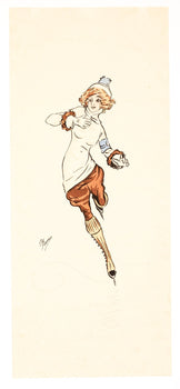 Lady Skater Aquarelle Circa 1910 With Fashionable Lady By Plum