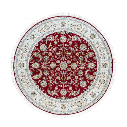6'X6' Red 250 Kpsi Organic Wool Hand Knotted Nain Design Round Rug