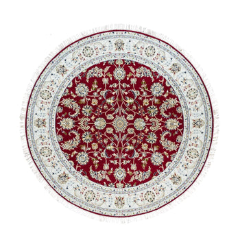 6'X6' Red 250 Kpsi Organic Wool Hand Knotted Nain Design Round Rug