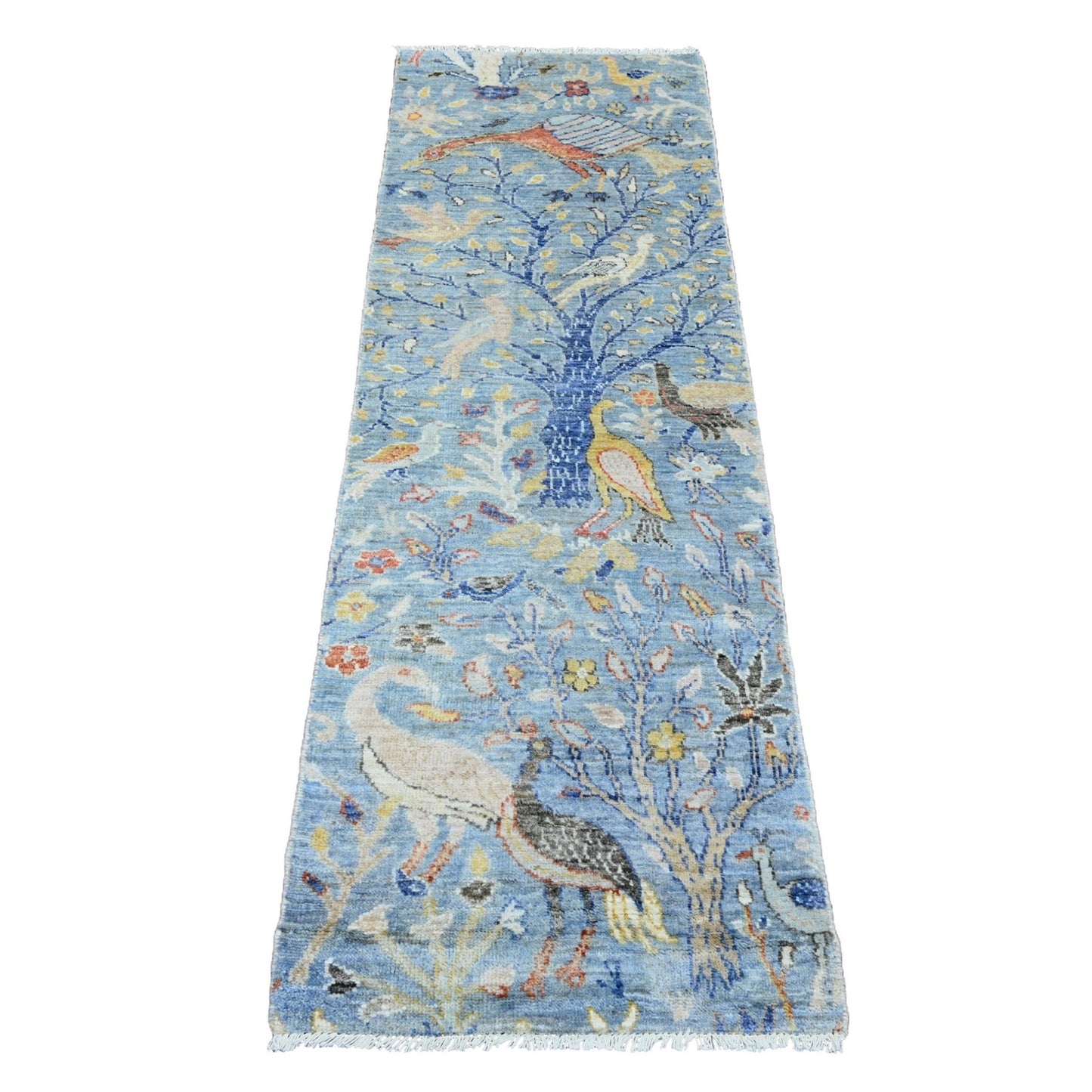 2'2"X6'3" Blue Peshawar Birds Design 100% Wool Hand Knotted Runner Rug