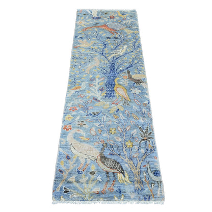 2'2"X6'3" Blue Peshawar Birds Design 100% Wool Hand Knotted Runner Rug