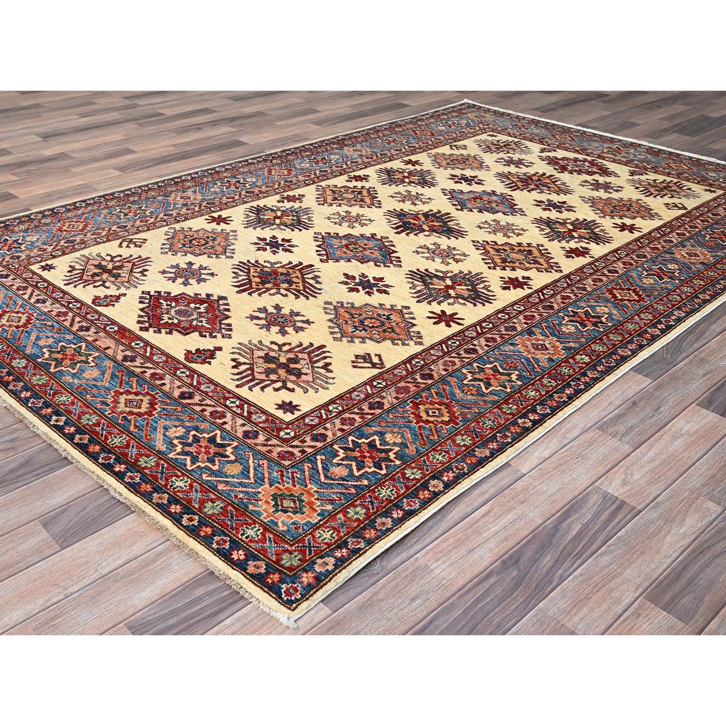 6'X9'3" Heron White Wool Hand Knotted Super Kazak Geometric Oriental Rug