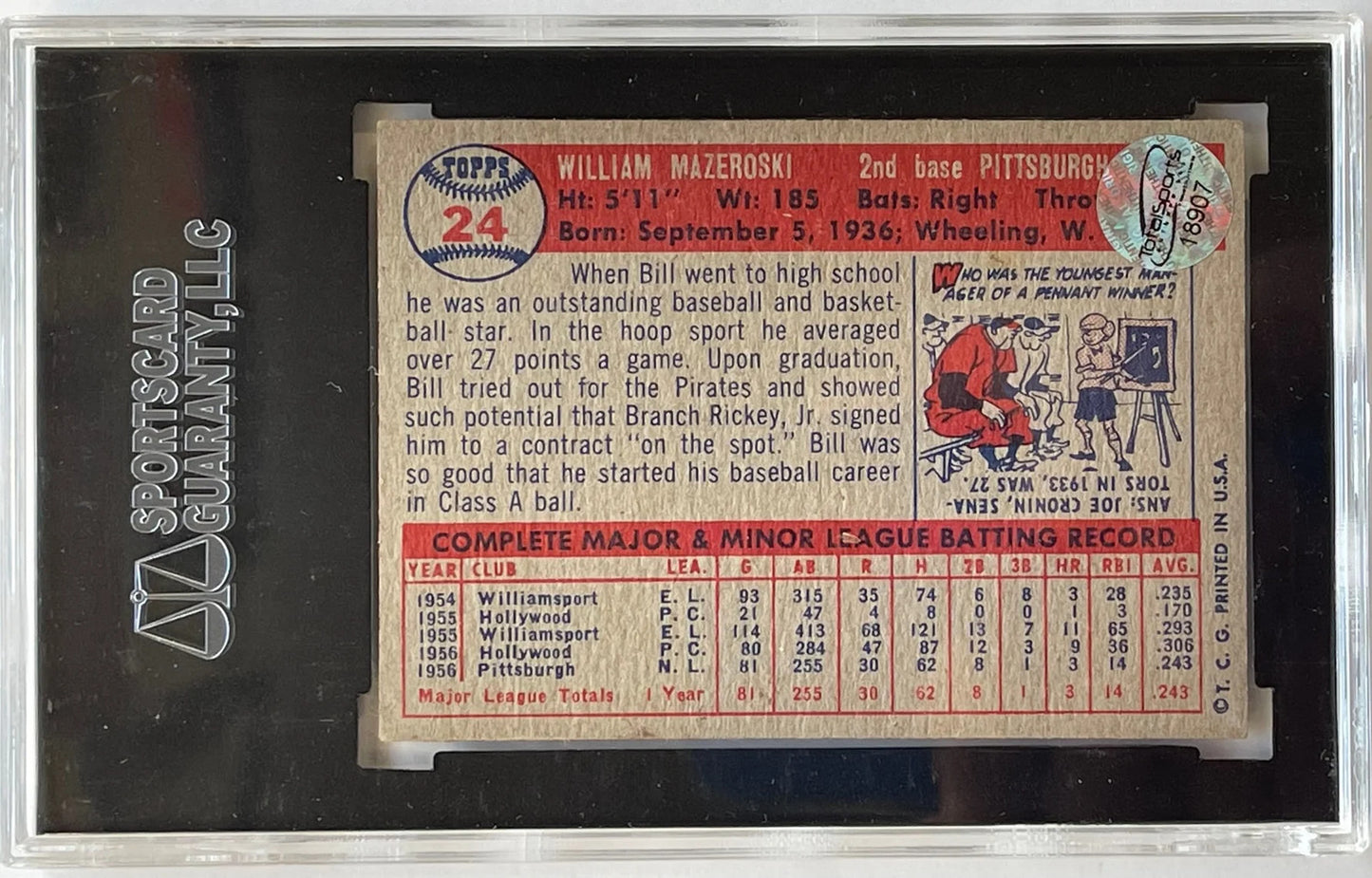 Bill Mazeroski Autographed 1957 Topps Rookie Card #24 (Sgc)