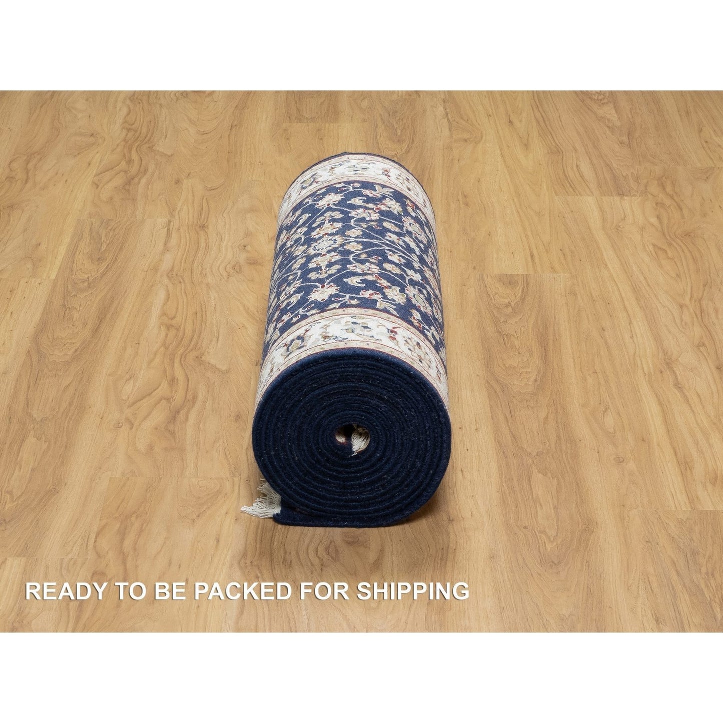 2'8"X18'1" Blue Nain Flower Design Wool And Silk Hand Knotted Runner Rug