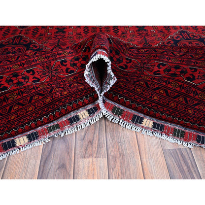 9'9"X12'8" Red Afghan Khamyab Geometric Pattern Hand Knotted Soft Wool Rug