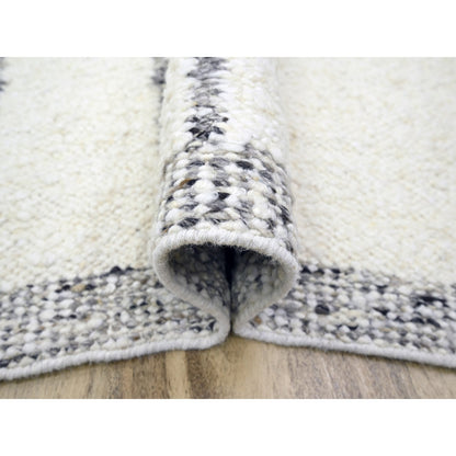 9'3"X12'1" White Moroccan Weave With Line Design Wool Hand Knotted Rug