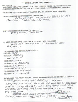 Irv Noren Autographed Hand Filled Out Survey Page (Jsa)