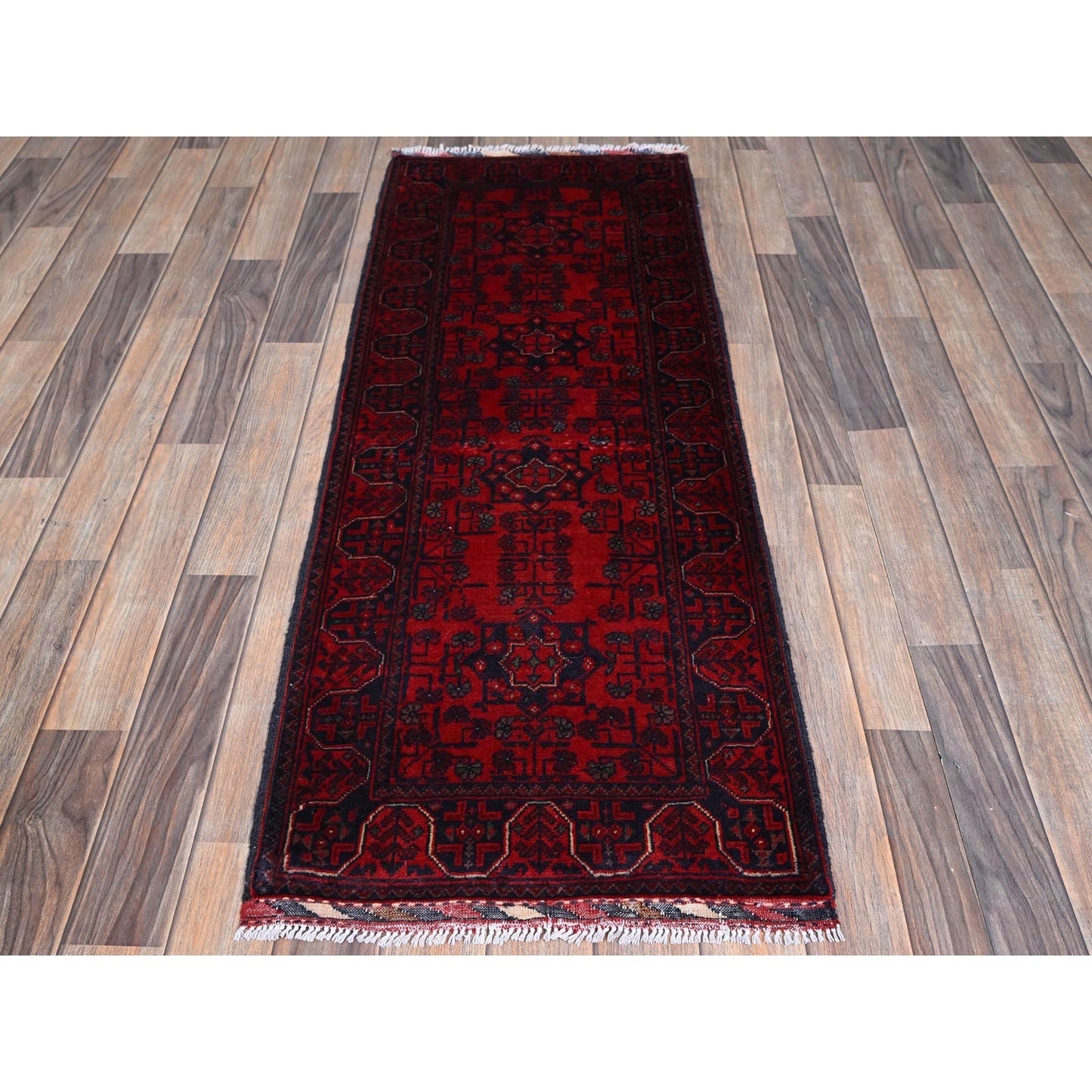 1'10"X5'1" Red Afghan Khamyab Tribal Design Wool Hand Knotted Runner Rug