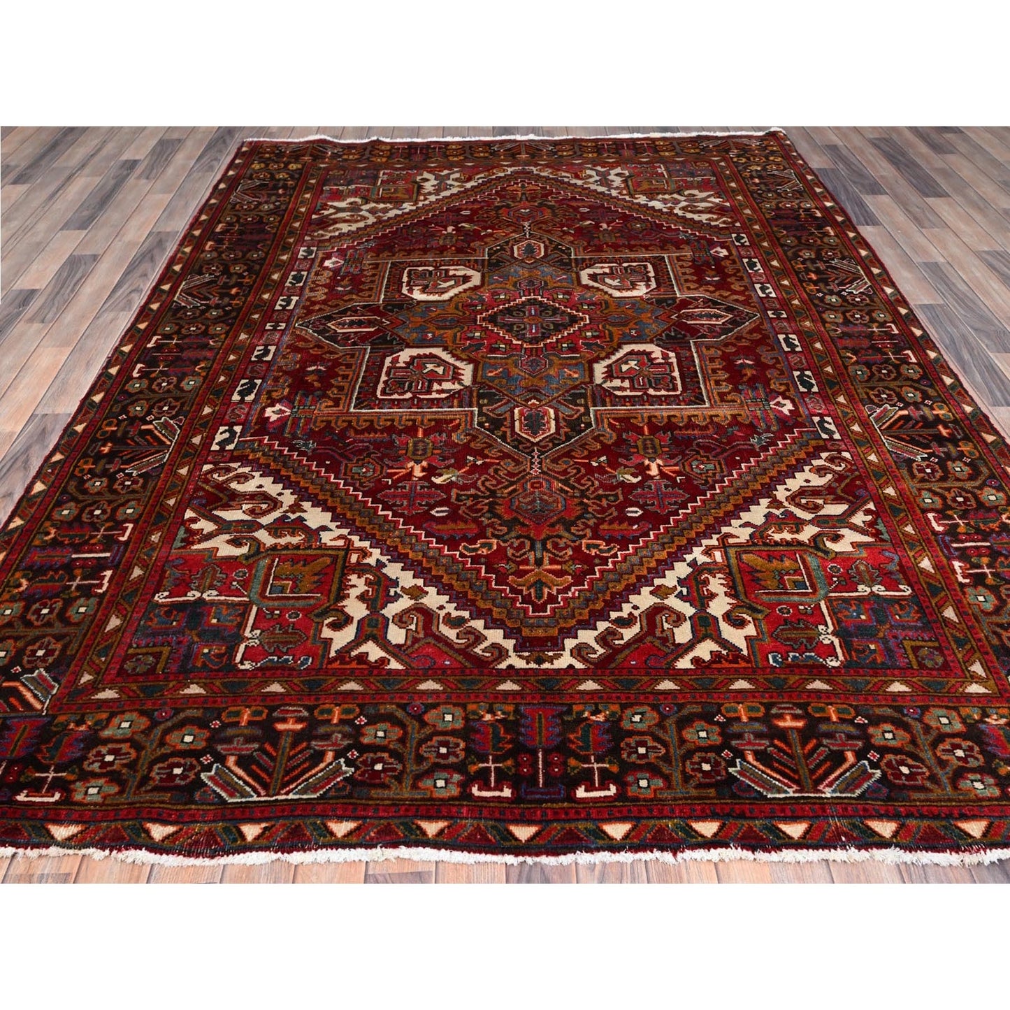 6'9"X9'4" Red Zoroastrian Heris Wool Good Condition Hand Knotted Rug