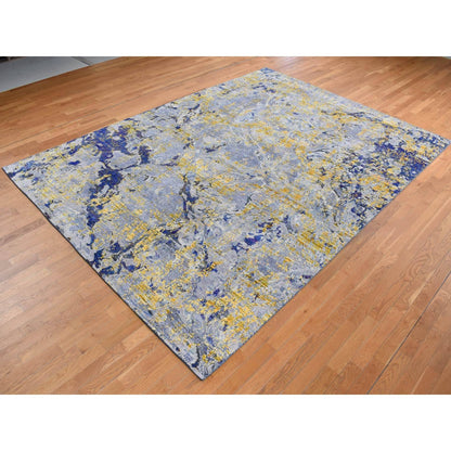 8'10"X12'5" Yellow Modern Design Sari Silk With Wool Hand Knotted Rug