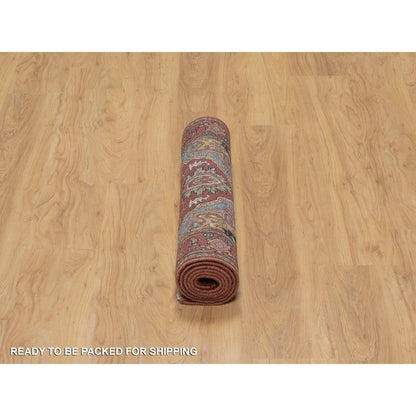 2'8"X6'2" Red Antiqued Heris Re-Creation Hand Knotted All Wool Runner Rug
