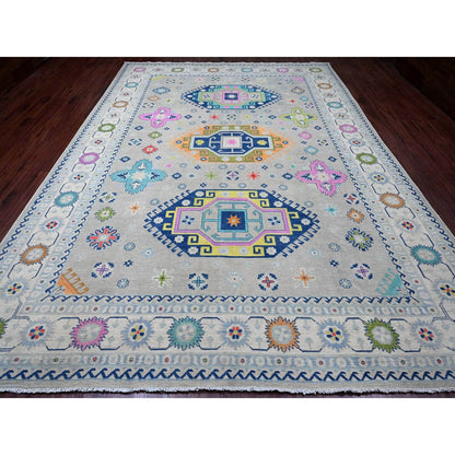 9'7"X13'4" Gray Fusion Kazak Caucasian Design Pure Wool Hand Knotted Rug