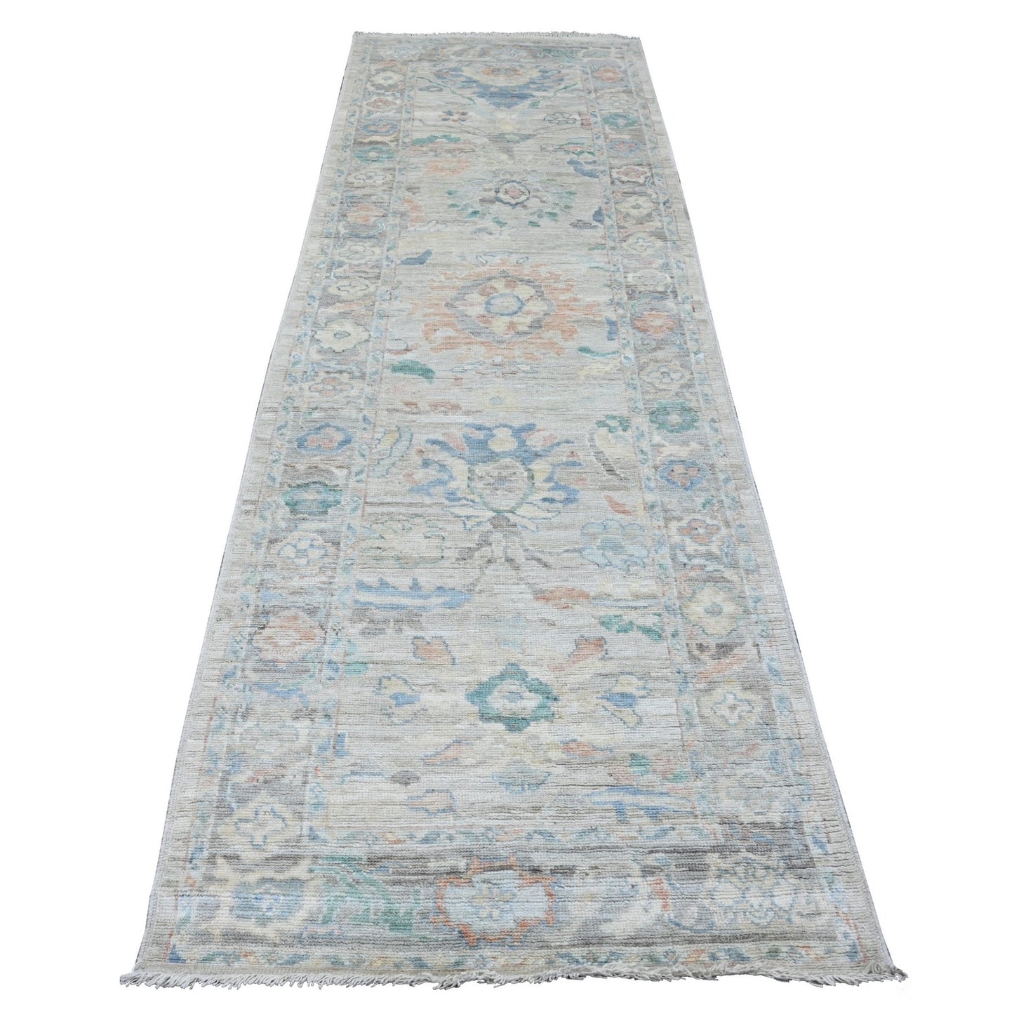 3'1"X10' Gray Pure Wool Angora Oushak Leaf Design Hand Knotted Runner Rug