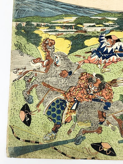 Woodblock warrior art triptych sadahide original utagawa japanese musha