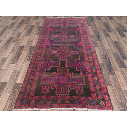 3'5"X9'5" Pink Hand Knotted Vintage Farsian Worn Wool Wide Runner Rug