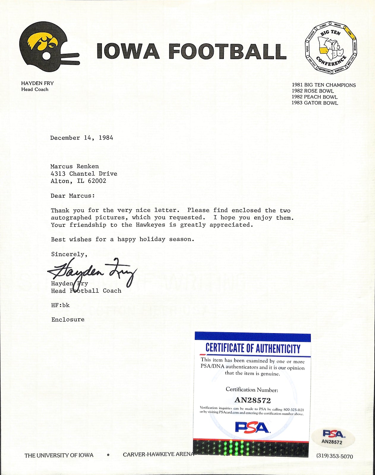 Hayden Fry Football Coach Signed Tls Letter University Of Iowa Psa/Dna 185266