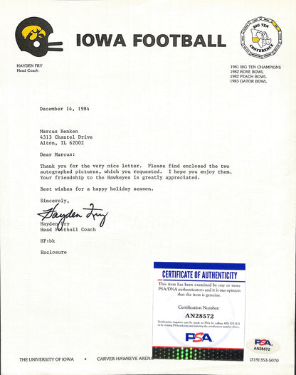 Hayden Fry Football Coach Signed Tls Letter University Of Iowa Psa/Dna 185266