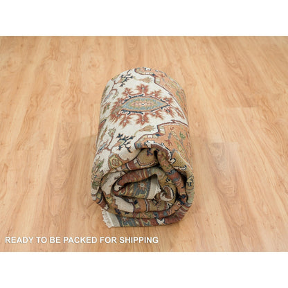 7'9"X9'9" Ivory Heris Medallion Design Pure Wool Hand Knotted Rug