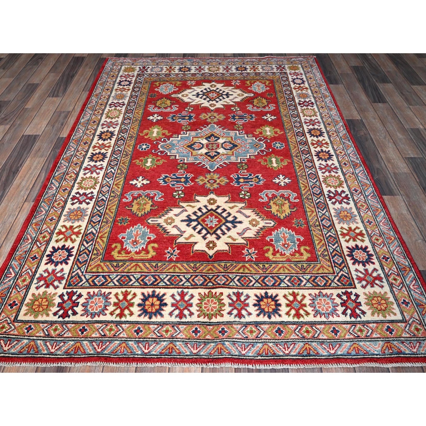 4'10"X7' Red Kazak With Geometric Medallions Design Hand Knotted Wool Rug