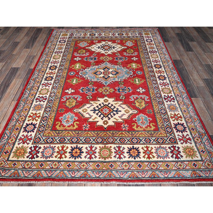 4'10"X7' Red Kazak With Geometric Medallions Design Hand Knotted Wool Rug