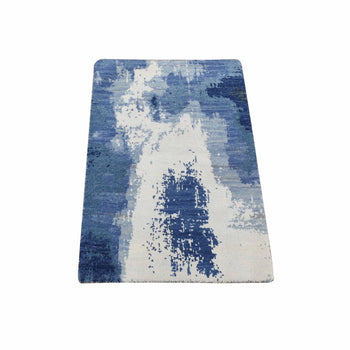 2'X3' Ivory-Denim Blue 100% Wool Hand Knotted Modern Abstract Design Rug
