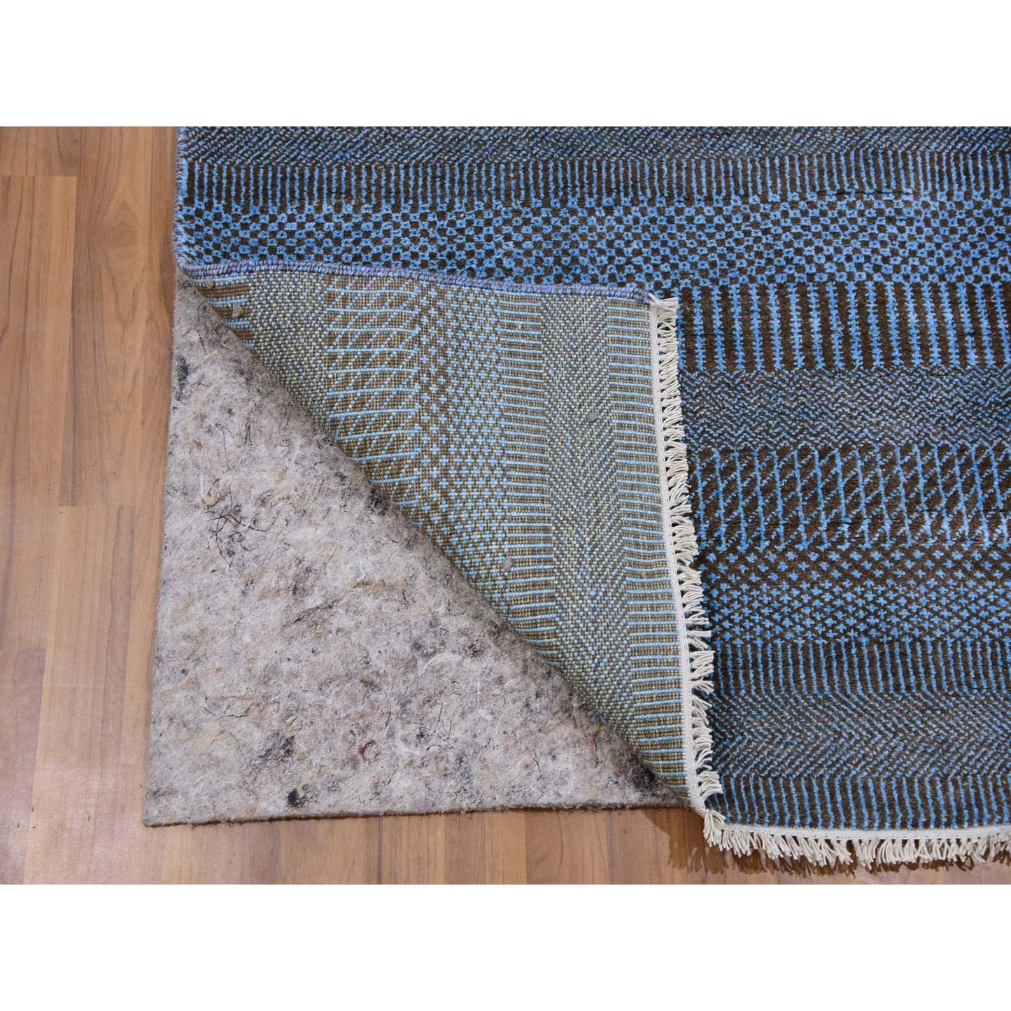 2'7"X9'6" Blue Hand Knotted Grass Design Dyed Wool And Silk Runner Rug