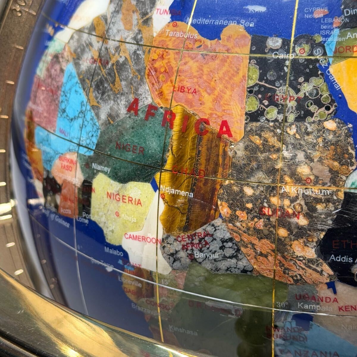 Gemstone Globe Lapis Lazuli Turquoise Inlay Compass Four Legs Power Stone 43Cm