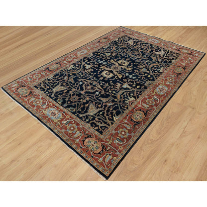 6'2"X9'2" Polo Blue Pure Wool Soft Antiqued Fine Heris Hand Knotted Rug
