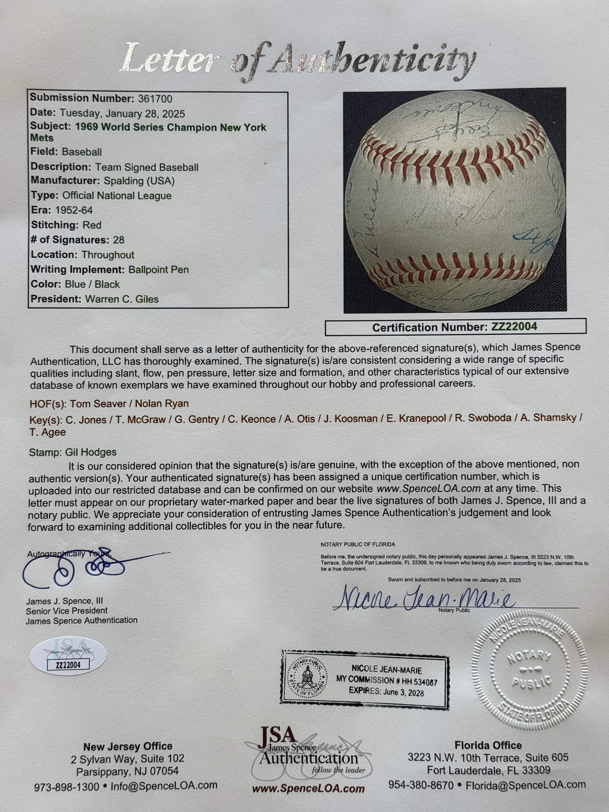 1969 World Series Champion New York Mets Signed Official National League Basebal