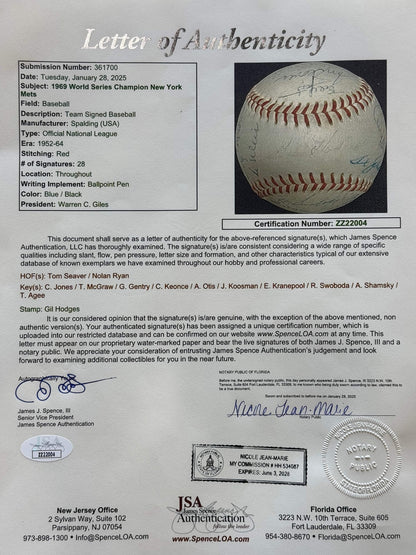 1969 World Series Champion New York Mets Signed Official National League Basebal