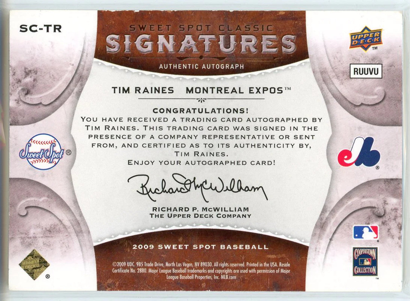 Tim Raines Autographed 2009 Upper Deck Sweet Spot Signatures Card #S-Tr
