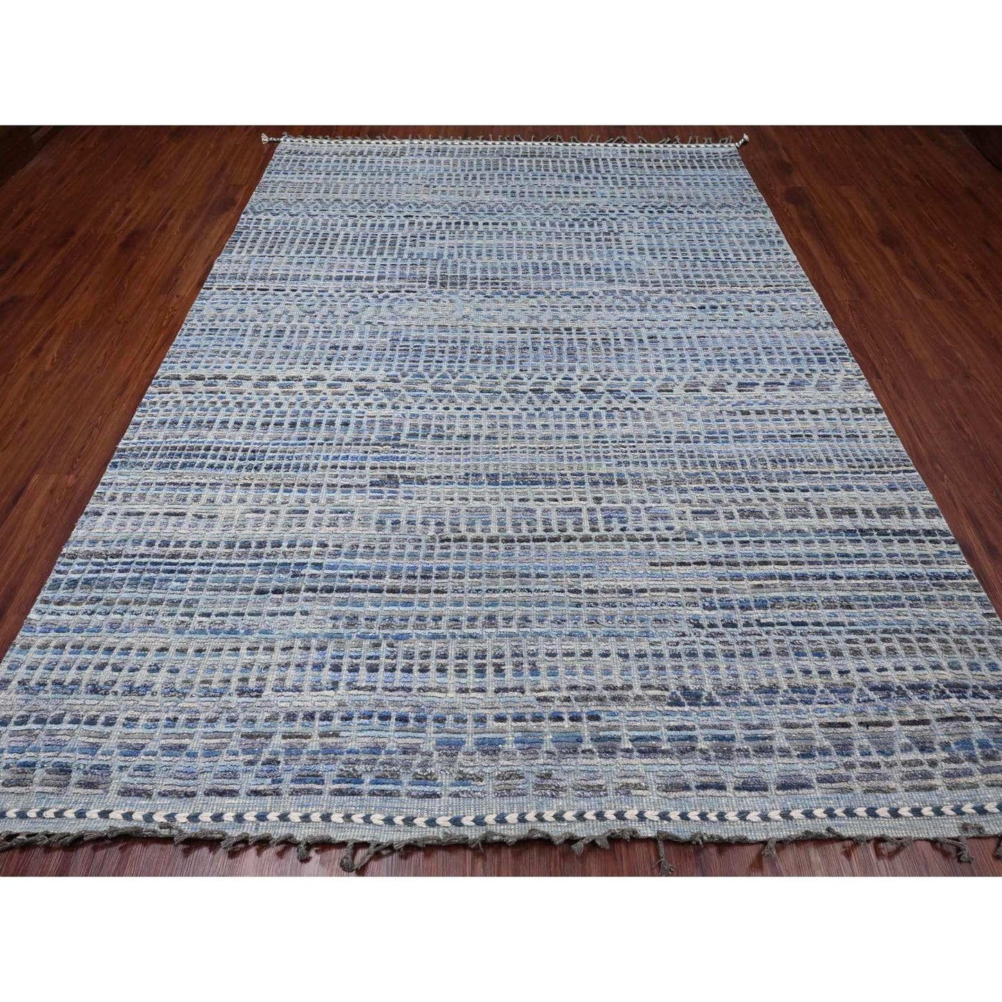 8'1"X10'8" Blue With Gray Moroccan Weave Hand Knotted Soft Wool Rug