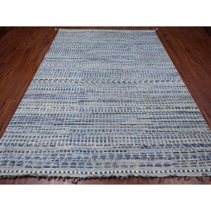 8'1"X10'8" Blue With Gray Moroccan Weave Hand Knotted Soft Wool Rug