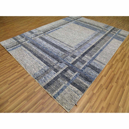 9'X12'1" Gray Geometric Opened Up Plaid Design Wool Hand Knotted Rug
