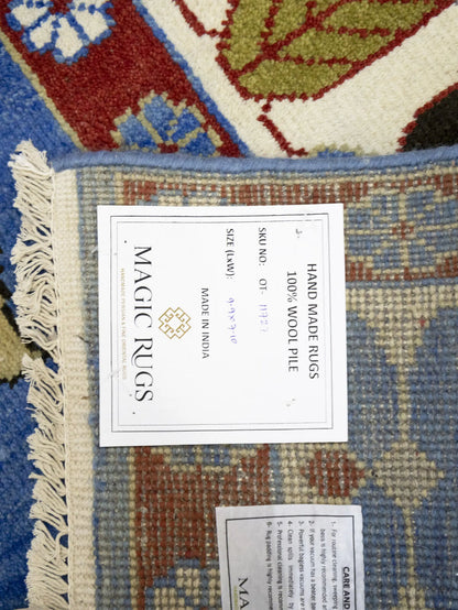 Farmho Boho Blue Geometric Kazak Oriental Rug