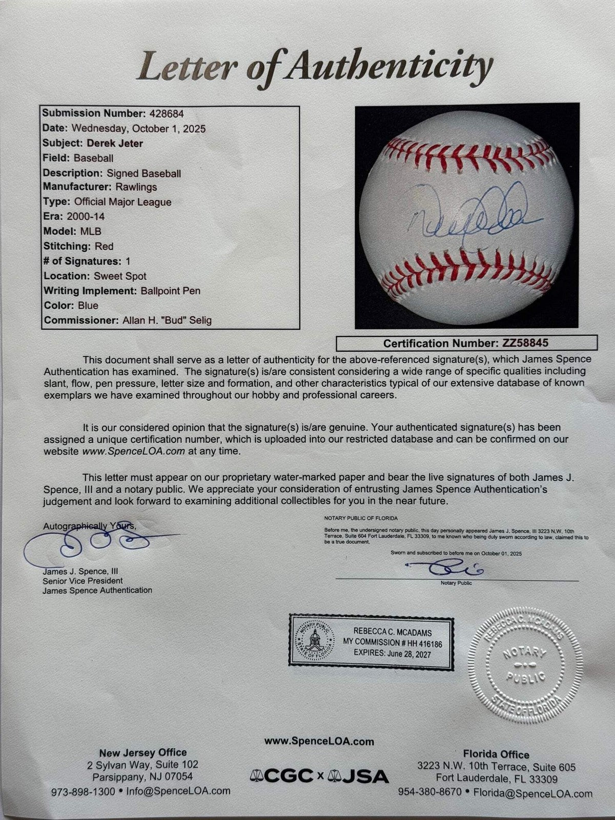 Jeter Derek Autographed Official Baseball Major League JSA/ Steiner