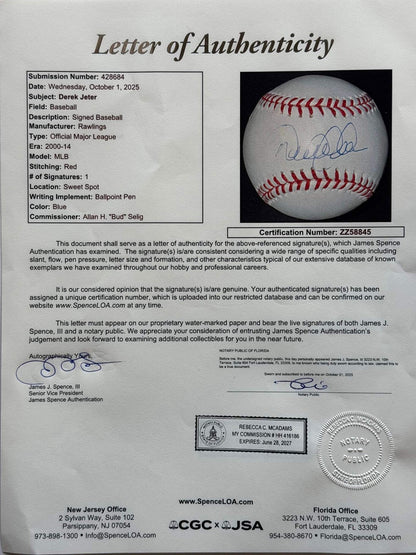 Jeter Derek Autographed Official Baseball Major League JSA/ Steiner