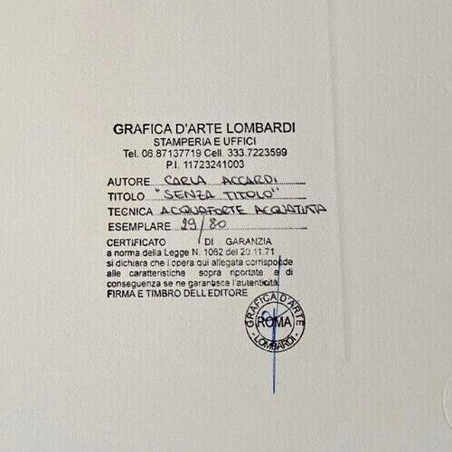 Carla Accardi Aquatint Etching Numbered Certified Publication