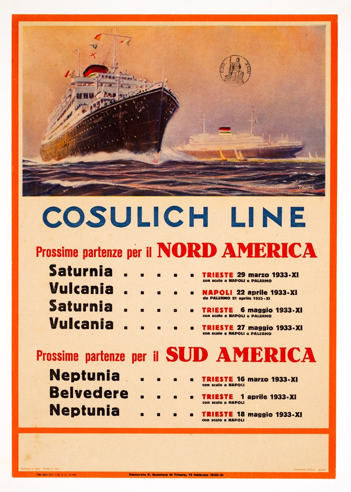 Cosulich Line By Klodic 1933 Original Italian Poster On Linen  Saturnia & Vulca