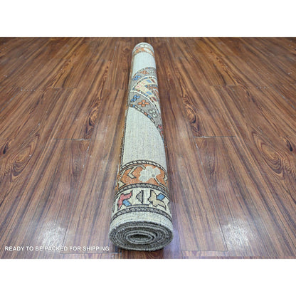 4'2"x9'9" Cloud Gray Hand Knotted Afghan Ersari Wide Runner Oriental Rug