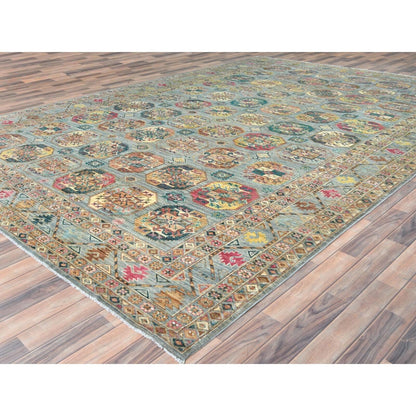 9'9"X14'1" Silver Blue Afghan Super Kazak Pure Wool Hand Knotted Rug